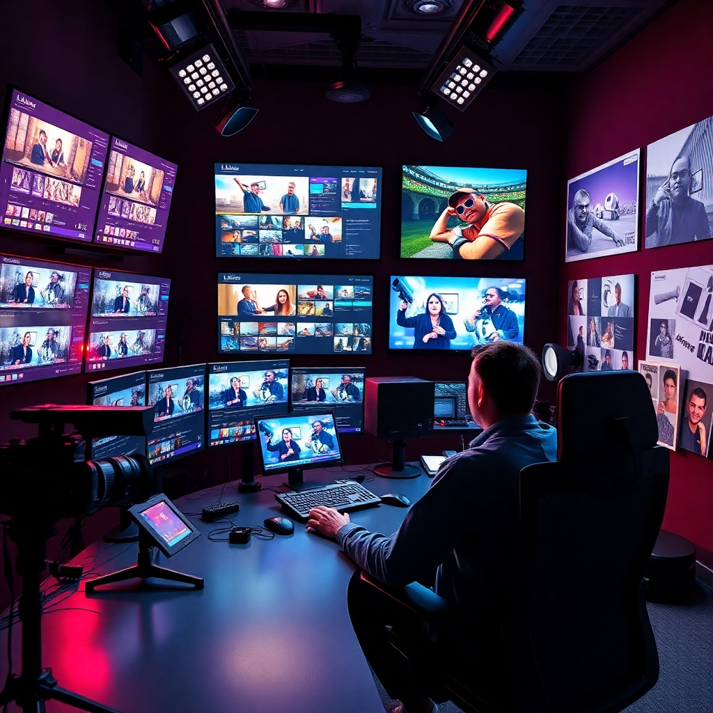 A vibrant video editing suite with multiple screens showcasing video clips, timelines, and graphics. An editor is sitting at a desk, focused on editing footage, surrounded by video cameras, lighting equipment, and artfully arranged storyboards on the walls.