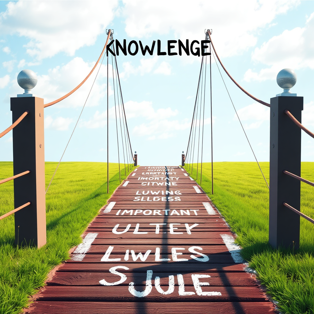 A visual metaphor representing the bridge of knowledge, featuring a freshly painted bridge with legal symbols and important terms painted on it. The surrounding landscape is bright and inviting, symbolizing clarity. The perspective gives depth, showcasing a clean path leading to the future of legal understanding facilitated by AskJoe-AI.