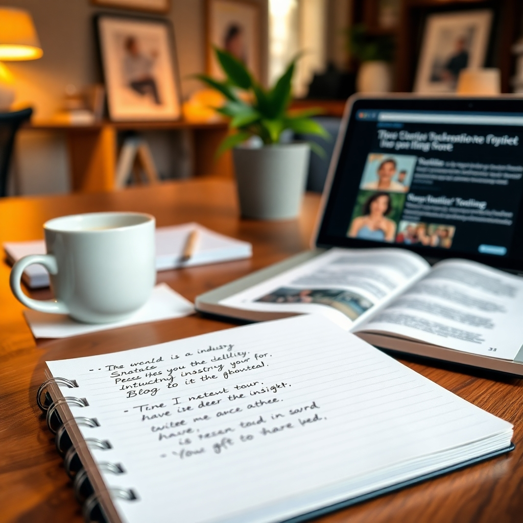 A visually appealing flat lay of a notebook with handwritten notes, an open laptop displaying blog articles, and a coffee cup. The background should be warmly lit with stylish office decor, emphasizing a creative environment where industry insights are shared. The image should exude professionalism and inspiration.