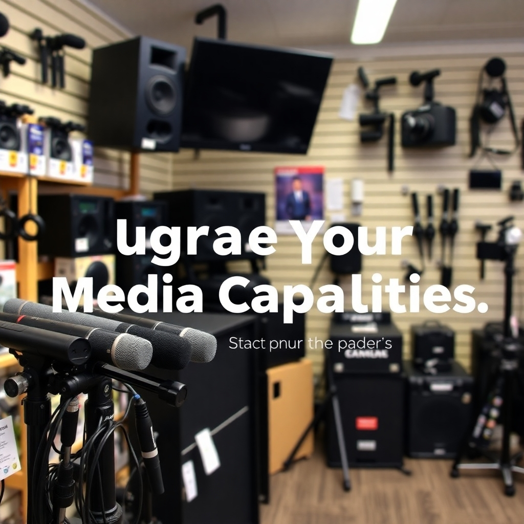 A visually appealing product display within a well-stocked equipment shop, featuring microphones, speakers, and cameras. The space is organized, inviting worship leaders to explore their options for upgrading their media capabilities.
