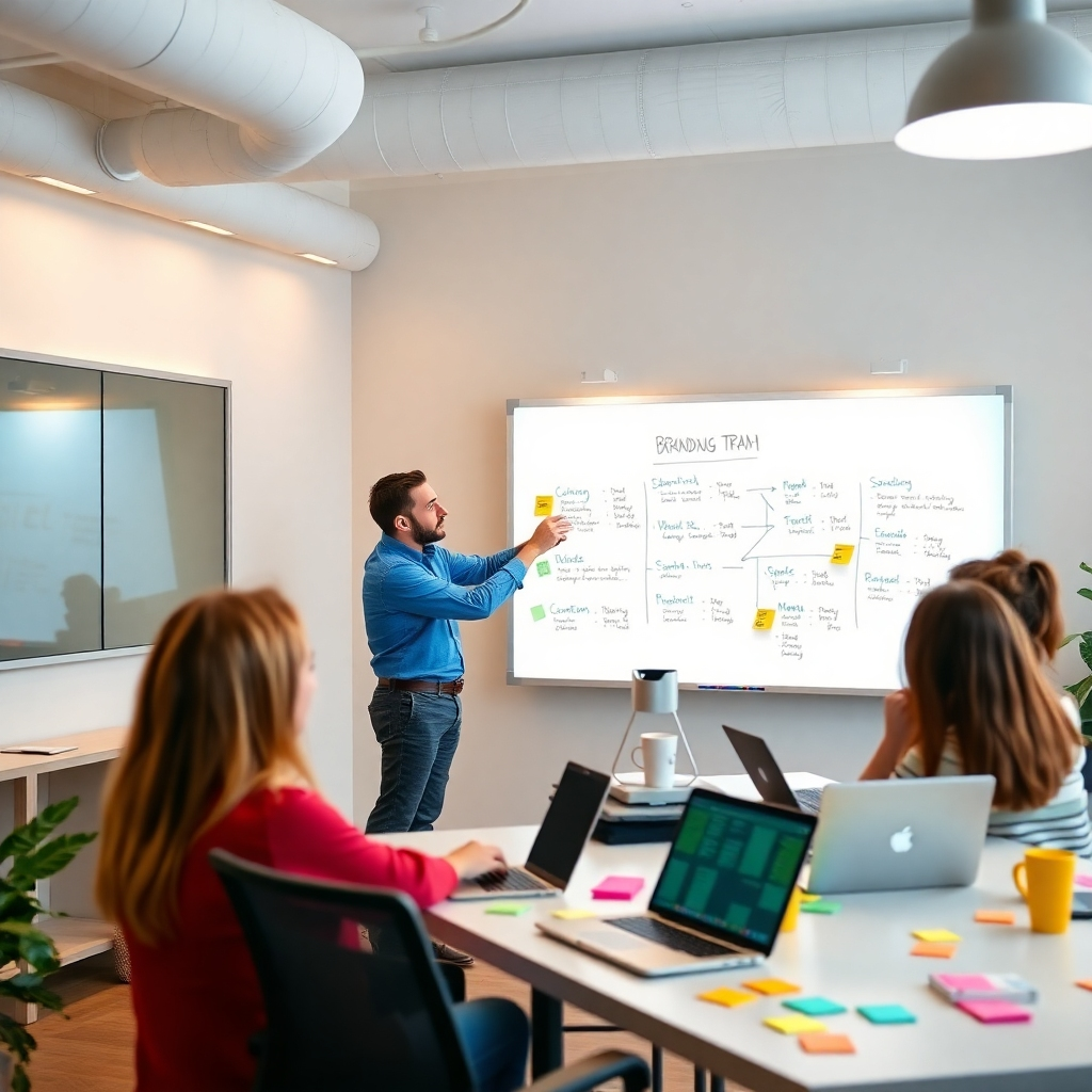 A visually appealing workspace where a branding strategist outlines a comprehensive brand strategy on a digital whiteboard while a team looks on engagingly. Bright, ambient lighting sets a productive atmosphere. The emphasis should be on creative idea generation, featuring colorful post-it notes, laptops, and collaborative tools.