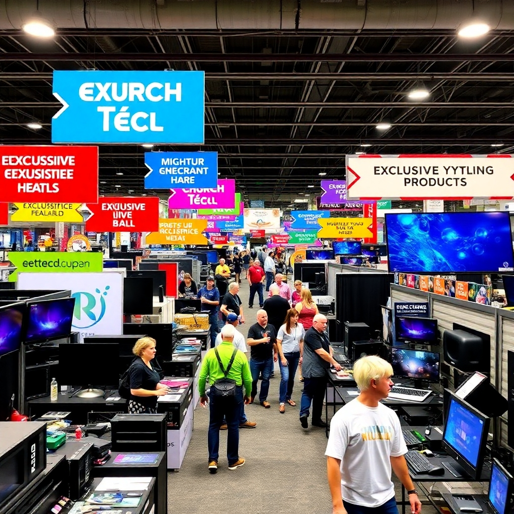 A visually exciting marketplace filled with colorful signage directing patrons to exclusive deals on church tech products. Shoppers explore a well-organized selection of media equipment surrounded by enthusiastic vendors.