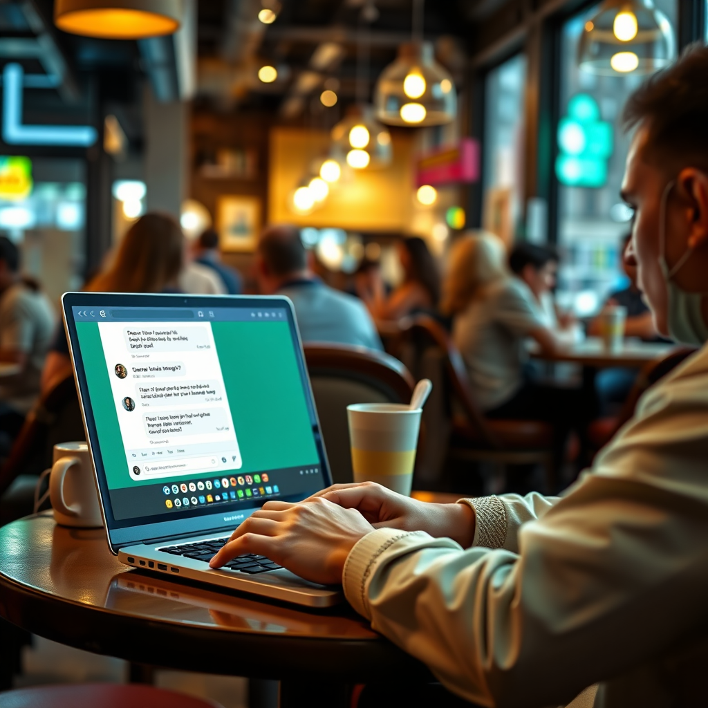 A visually striking image portraying someone interacting with a chatbot on Luk-Local.com via a laptop in a bustling cafe setting. The colors are lively, and the atmosphere is energized with patrons around, emphasizing community interaction through technology while the screen glows with engaging chat responses.