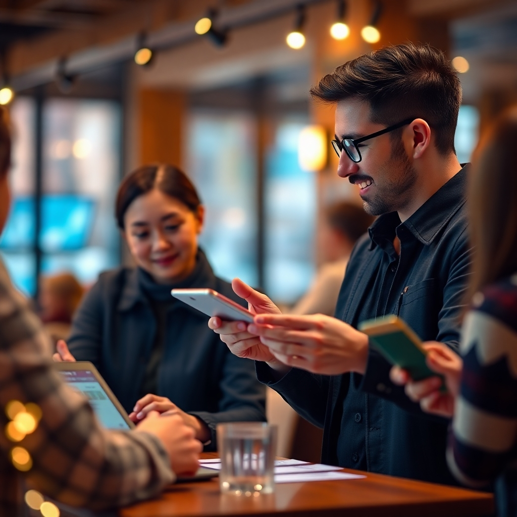 A warm and inviting image of a marketing professional interacting with customers through digital mediums, emphasizing loyalty rewards via blockchain technology. The setting has elements of community engagement, with soft bokeh lighting and personal interactions that illustrate the relationship between loyalty and technology.