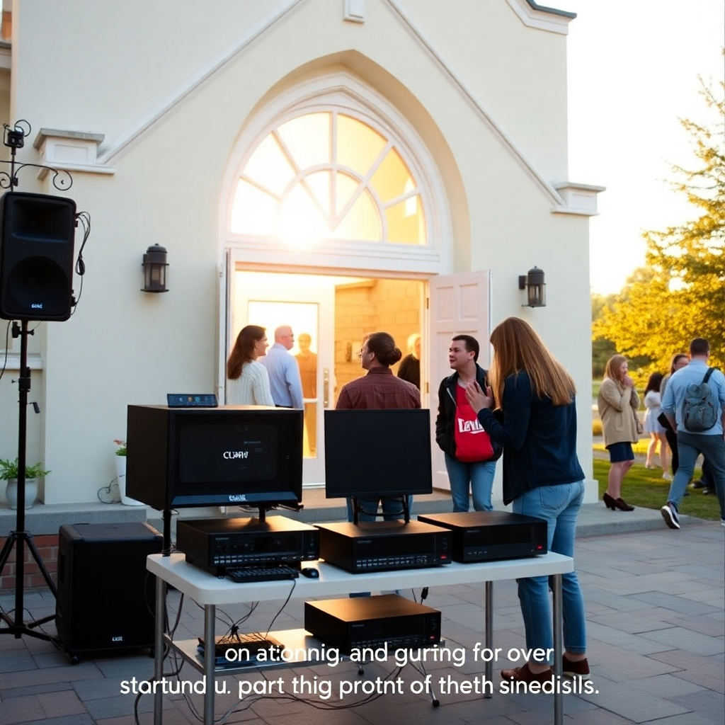 A welcoming church front view, showcasing modern audio and video equipment setup outside, with a soft golden morning light illuminating the scene. People mingling, with one family stopping to explore a display of media equipment on a table, symbolizing the start of their journey in upgrading church media.