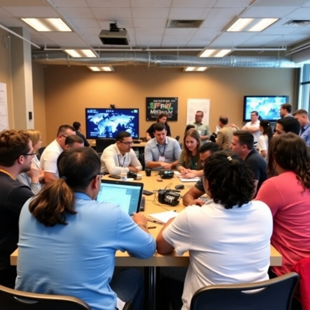 A workshop environment with participants actively collaborating on media projects, surrounded by expert mentors providing insights. The setting conveys energy, teamwork, and a shared passion for church media excellence.