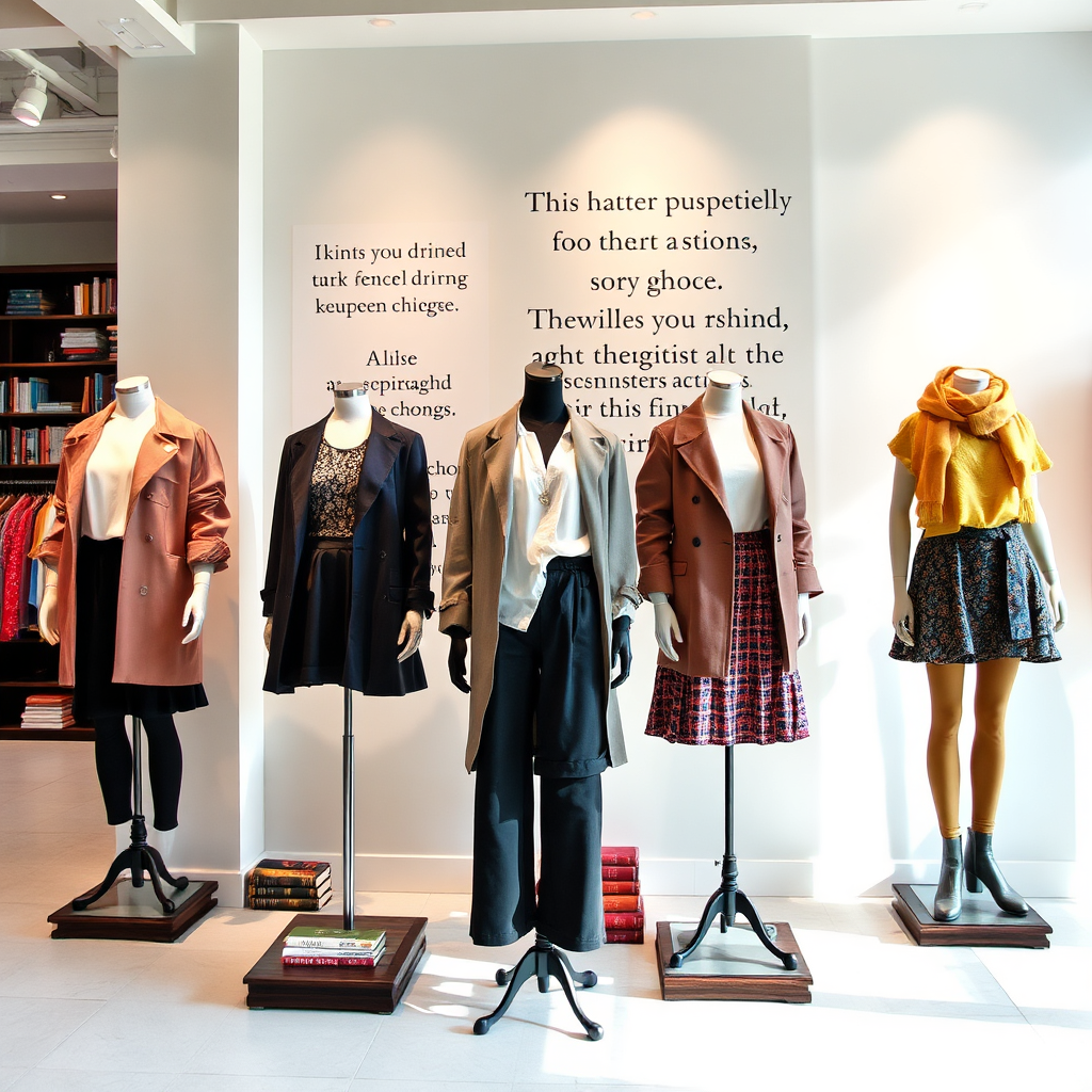 An artistic image showing a visually striking display of clothing on mannequins, each styled to tell a different story. The environment is artistic, incorporating elements like books or inspirational quotes on the wall, highlighting purpose-driven fashion choices. The ambiance is bright and hopeful, inviting contemplation on fashion's deeper meanings.