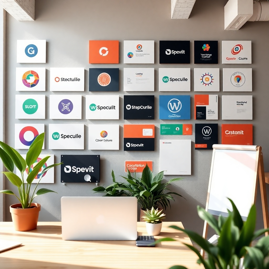 An artistic representation of diverse branding elements displayed on a wall, such as logos, color palettes, and marketing materials. The setting should be a creative workspace, with natural lighting and plants, symbolizing growth and innovation in branding.