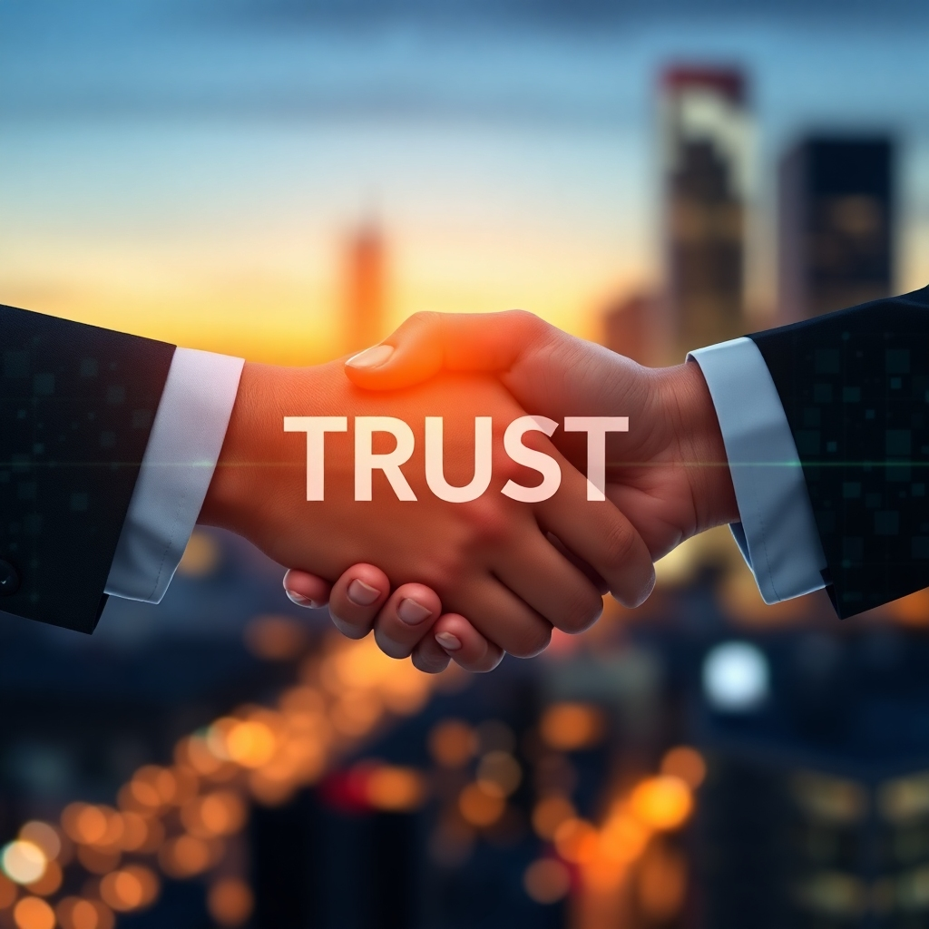 An artistic visual of two hands shaking, overlaid with a digital blockchain grid, representing trust. The background features blurred city lights at dusk with a subtle glow, suggesting transparency and sophistication. The textures should be polished and sleek, capturing a hypermodern feel. The image should convey a sense of partnership and assurance in branding.