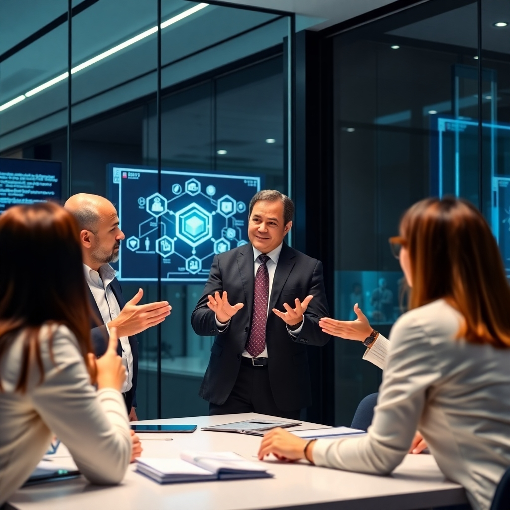 An authoritative image of a consultant demonstrating blockchain technology to executives using engaging visual aids. The setting is contemporary with a high-tech feel, featuring glass walls and digital displays. The lighting is bright and focused to highlight the importance of understanding this innovative solution.