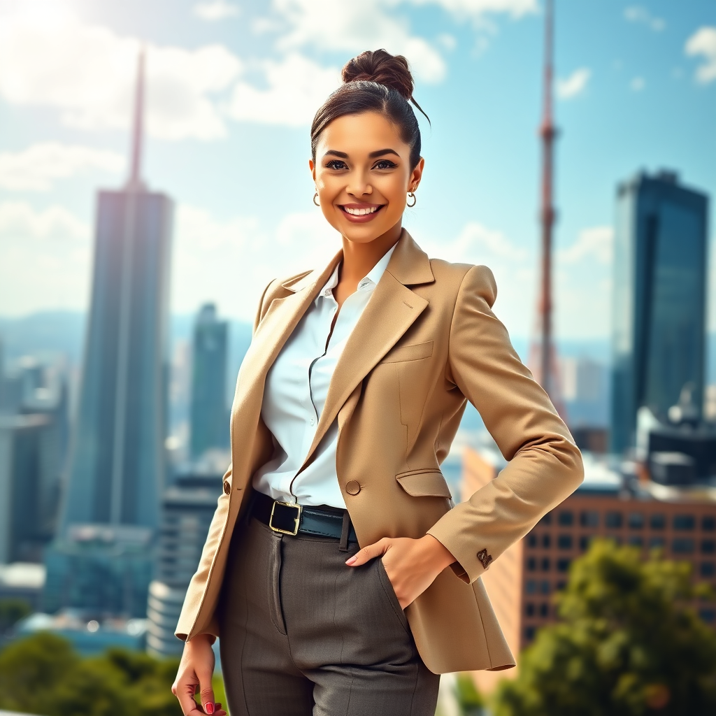 An empowering image showcasing a confident woman wearing a tailored outfit, standing tall with a smile. The background features a breathtaking urban setting, representing success and ambition. The ambiance is bright and motivating, capturing the essence of confidence and empowerment.