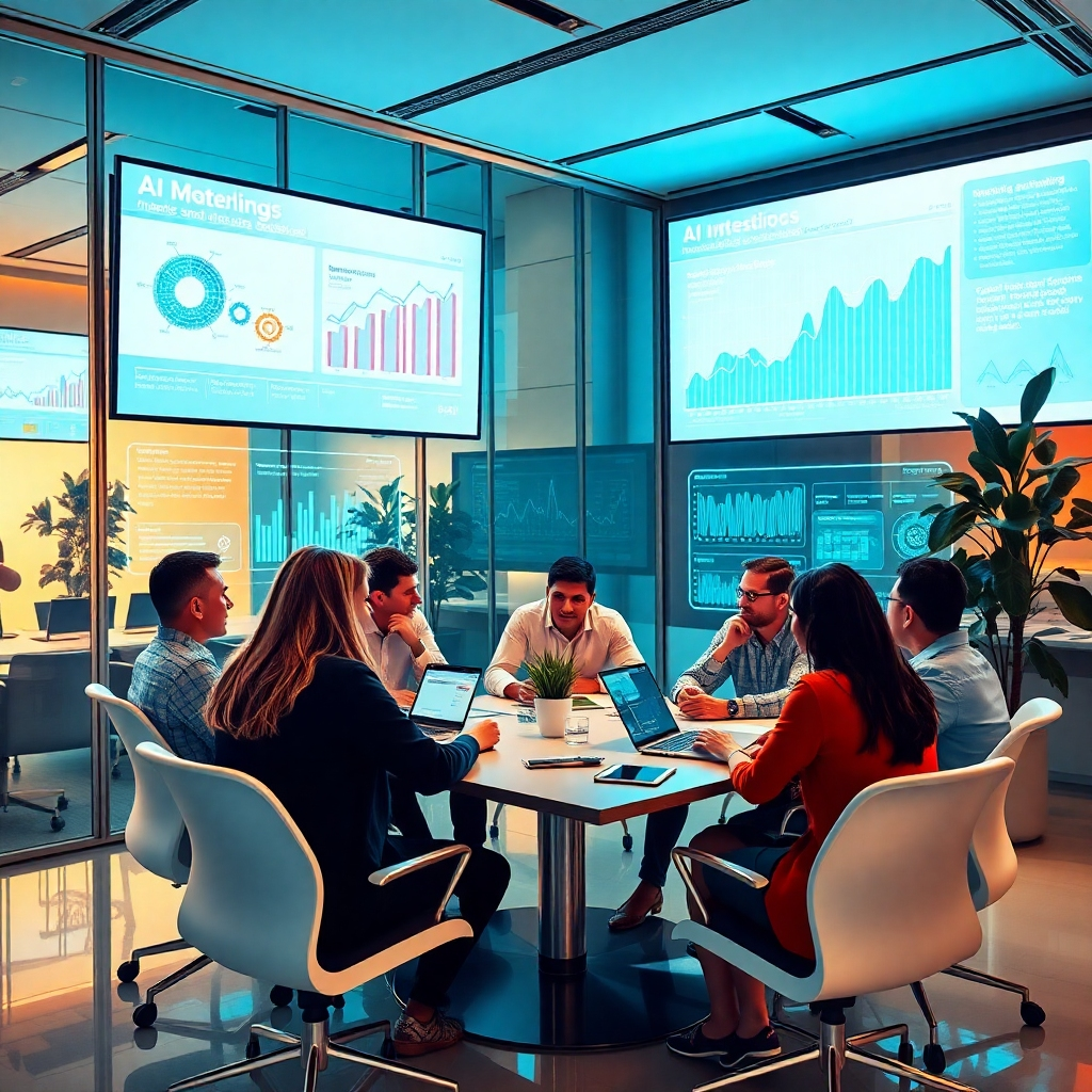An energetic scene with AI-driven analytics on large screens, illustrating metrics and trends that guide branding decisions. The agency's workspace is elegantly designed with a futuristic vibe, featuring glass partitions and smart devices. A diverse team is engaged in discussion around a table, bringing the image to life with collaboration. The lighting is warm and inviting while maintaining a high-tech atmosphere.