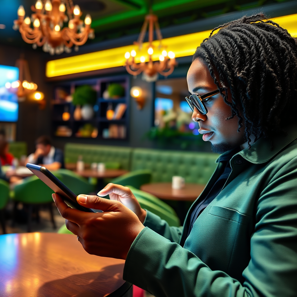 An engaging image featuring an event promoter using a tablet to organize an event at a stylish venue with charming décor. Vibrant lighting draws attention to the focal points of the scene. The shot captures the clarity of technology in action, with close-ups of the tablet and the promoter deep in thought. The color palette of energetic greens and calming blues sets a modern vibe, while sleek textures emphasize professionalism and innovation.