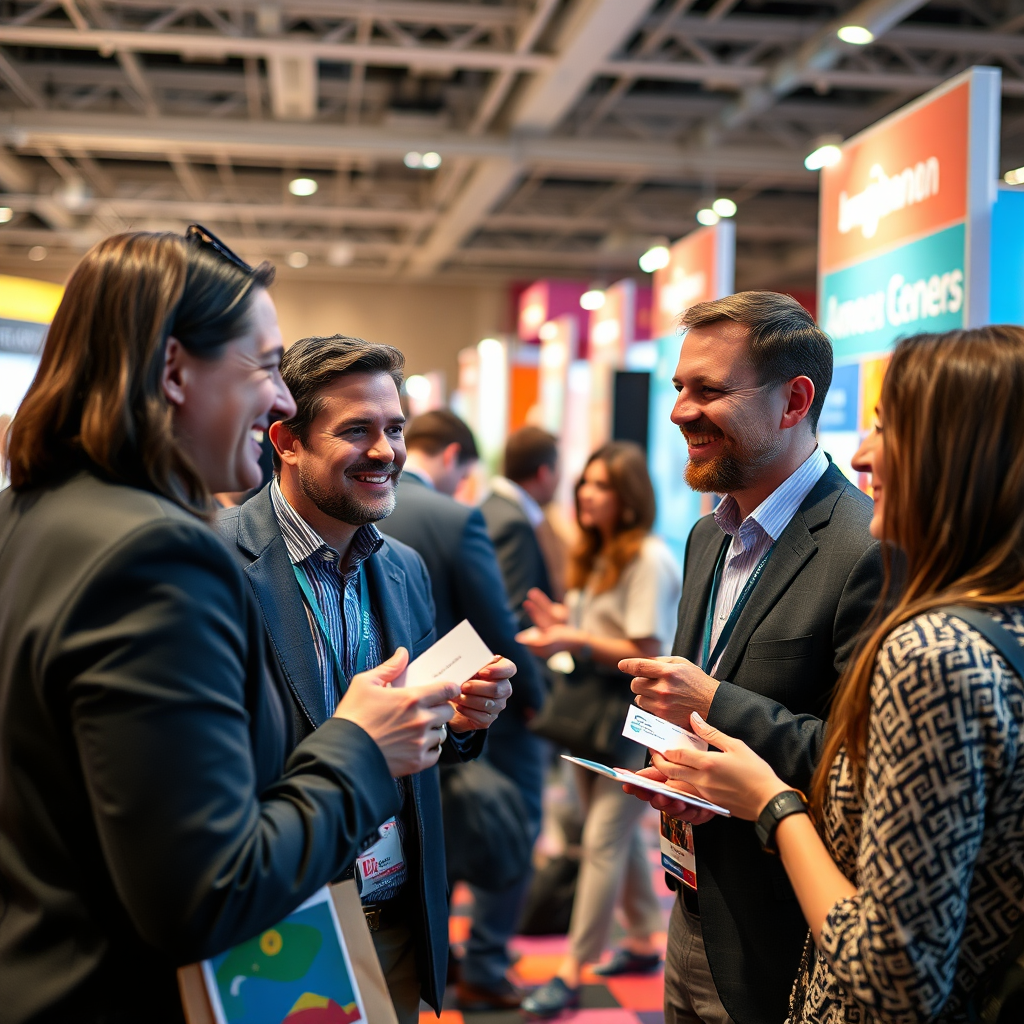 An engaging image illustrating networking at a lively industry event, featuring smiling attendees exchanging business cards surrounded by colorful booth displays. The atmosphere is filled with dynamic energy, with bright lighting drawing attention to interactions. The shot captures conversations and laughter, emphasizing the value of connecting in person. Textures of materials enhance the friendly vibe, showcasing the potential of network expansion.