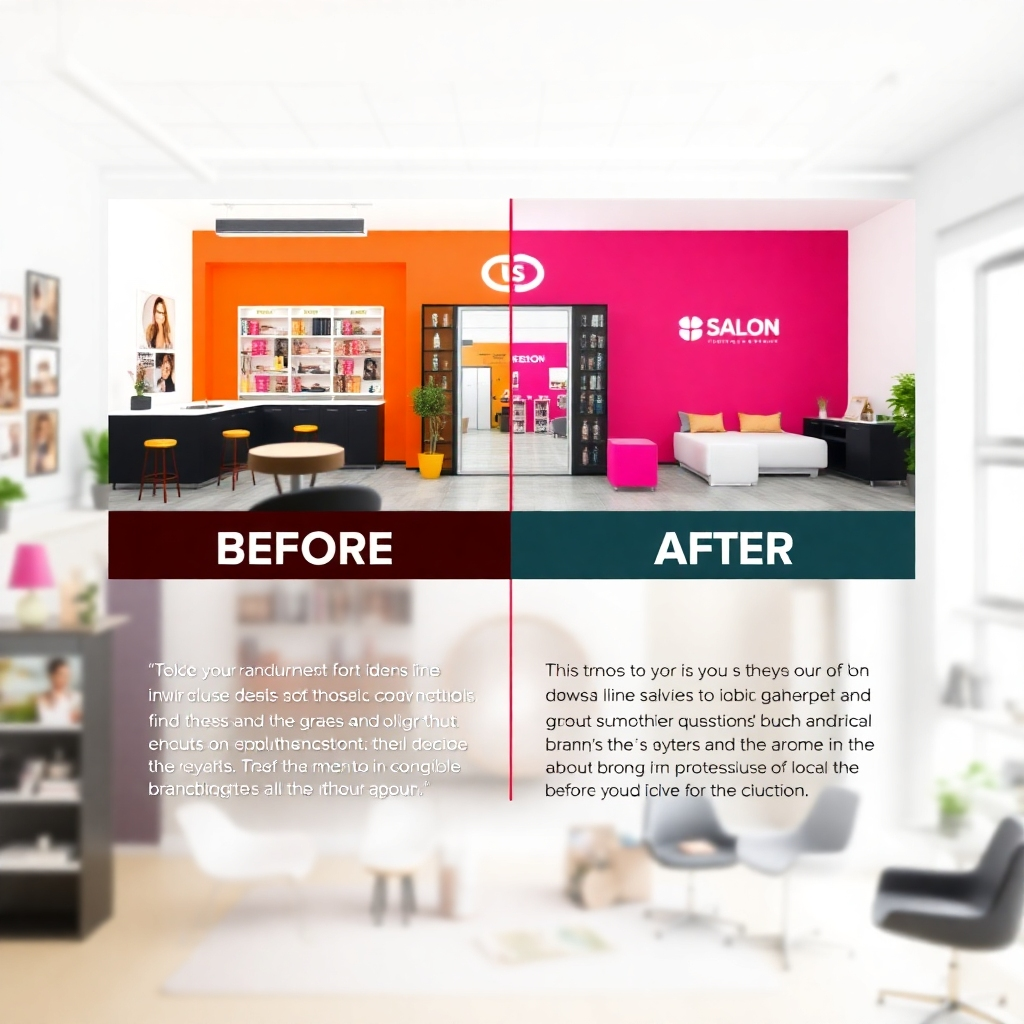An engaging portfolio showcasing a split-screen before and after branding transformation of a salon, with vibrant colors and a stylish design. The background should feature a clear workspace with photos and testimonials blended seamlessly, creating an attractive visual narrative of the agency's impact on businesses.