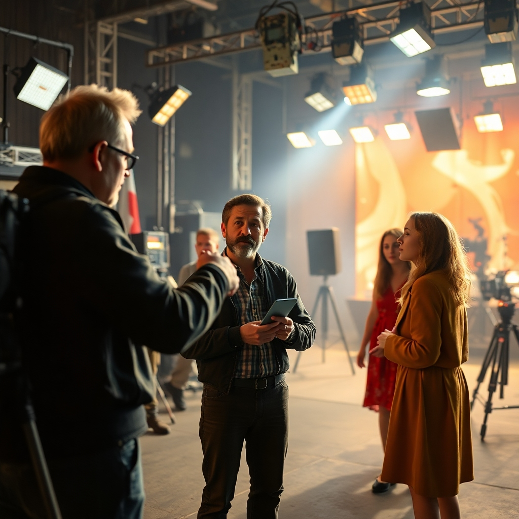 An engaging scene that captures a cinematic production in action, with a director giving guidance to a crew. The background shows a vibrant film set, complete with lighting rigs and sound equipment, while actors perform a compelling scene. Convey a sense of drama and creativity in the atmosphere.