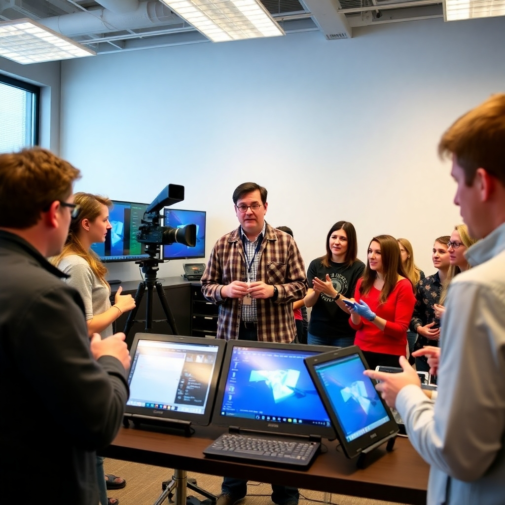 An engaging training session in progress, where a knowledgeable instructor demonstrates media tools to a group of eager participants. The dynamic learning atmosphere showcases a variety of digital displays and hands-on equipment.