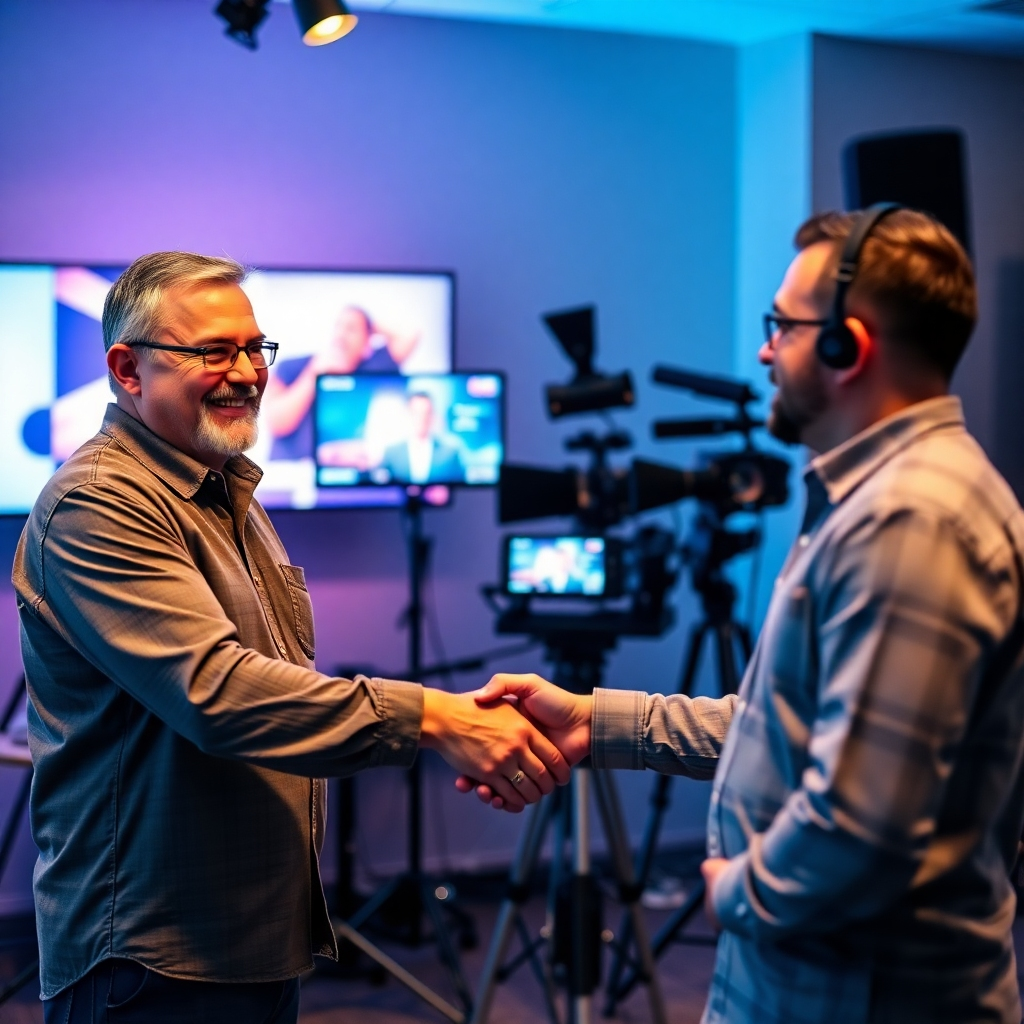 An engaging visual of a satisfied pastor shaking hands with a media consultant in front of a well-set media equipment display. The setting is welcoming, with ambient lighting that conveys trust and partnership.