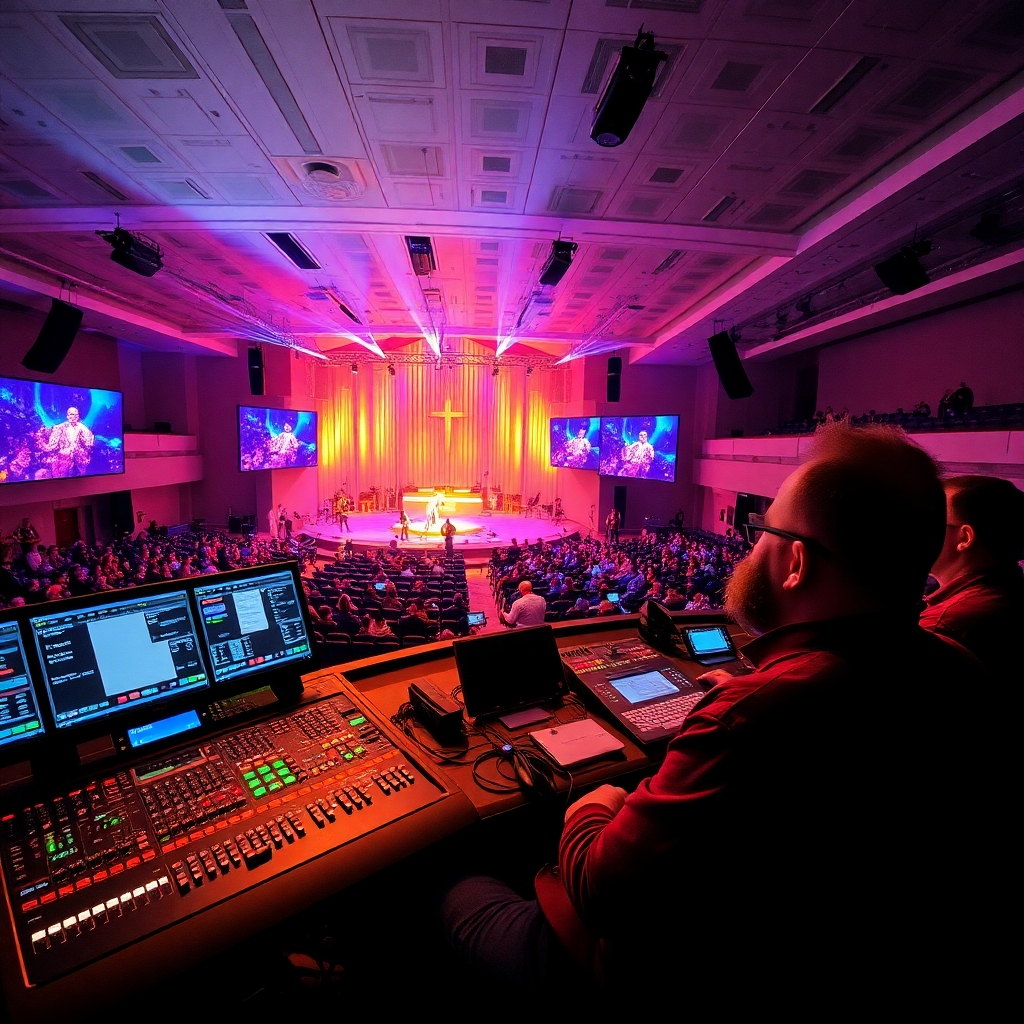An expansive view of a church's soundboard and video control station, highlighting advanced technology in use during a live performance. The image is filled with colorful lights and the focused expressions of the team managing the event.