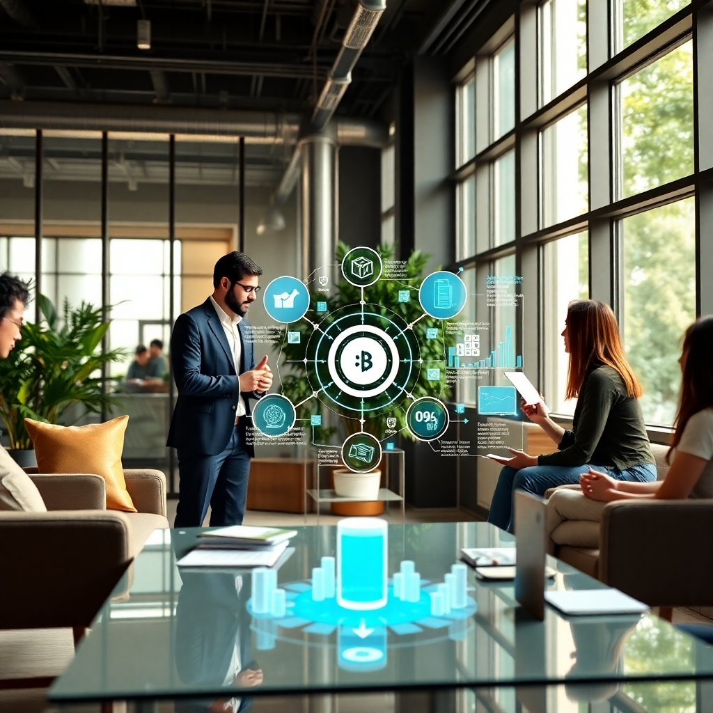 An eye-catching image of a business consultant leading a team through a strategic planning session with AI-projected insights at the forefront. The ambiance is modern and collaborative, characterized by sleek furniture, greenery, and large windows that allow natural light. Infographics illustrating the benefits of blockchain in strategy add an engaging layer.