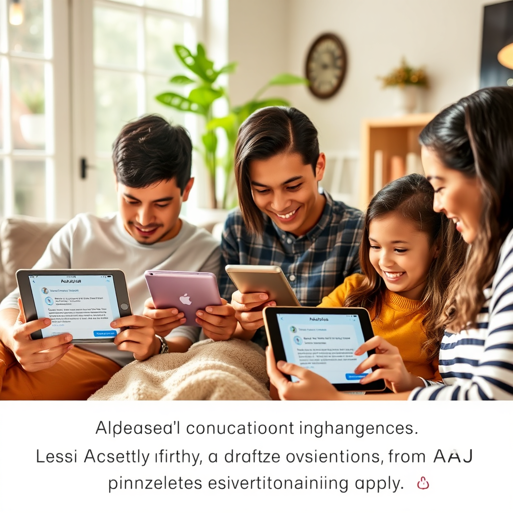 An inclusive scene featuring a family using multiple devices together, all engaging with legal content from AskJoe-AI. The cozy home setting is bright and filled with natural light. The devices show various screens of AskJoe-AI, emphasizing accessibility and community learning. Style references highlight family unity and education in a digital age.