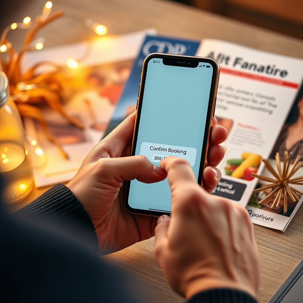 An informative image displaying a user beautifully finishing a booking on their smartphone, surrounded by enticing event materials and mood-setting decorations. Soft lighting enhances the atmosphere, creating positivity and warmth. The focus is on a hand tapping 'Confirm Booking' on the screen, complete with diverse event brochures in the background, inviting imagination about future events. The textures of materials convey warmth and innovation, symbolizing accessibility.