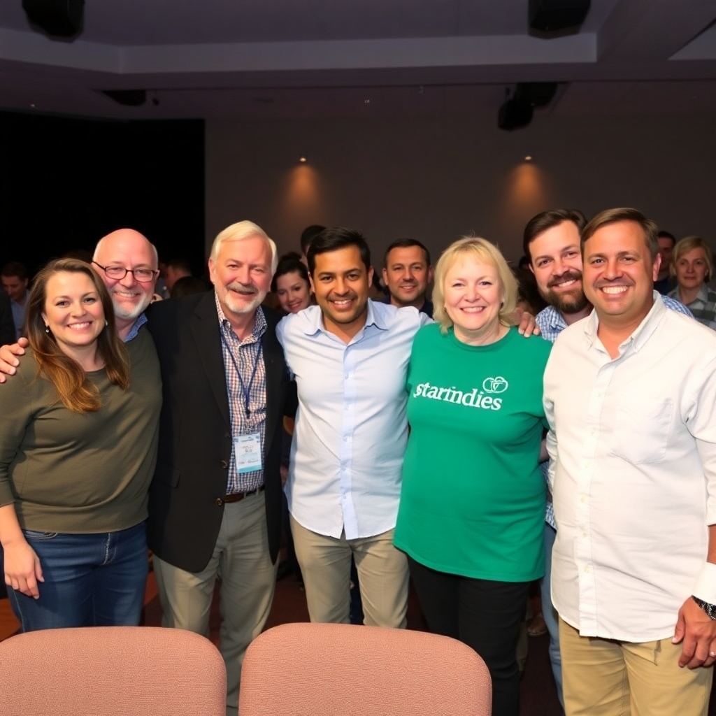 An inspiring group photo of church leaders smiling alongside volunteers after a successful event showcasing media improvements. The warmth of community and teamwork is felt, highlighting the impact of church growth through improved technology.