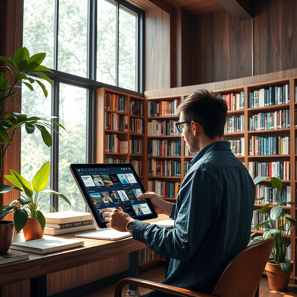 An inspiring image of a user browsing a digital library filled with resources from AskJoe-AI. The setting is a modern study space, featuring a large window with natural light flooding in. The atmosphere is conducive to learning, with rich wood textures and green plants adding vibrancy. The digital device showcases the extensive educational resources available.