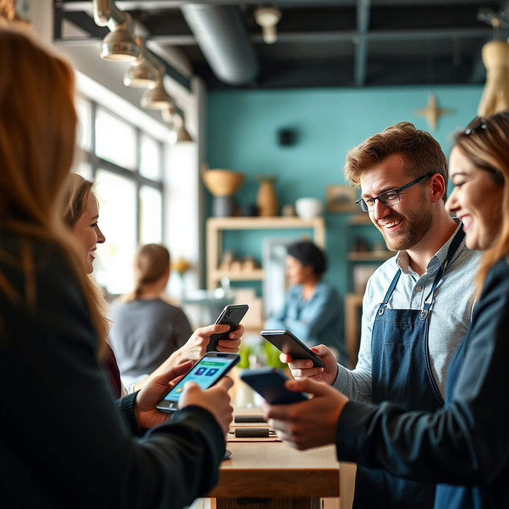 An inspiring image showing a business owner engaging with customers who are using the Luk-Local.com app on their devices. The setting is bright and welcoming, filled with lively conversations and connections. The focus is on the smiles and interactions of people, framed by the shop's inviting décor, showcasing the positive community impact of AI technology in local commerce.