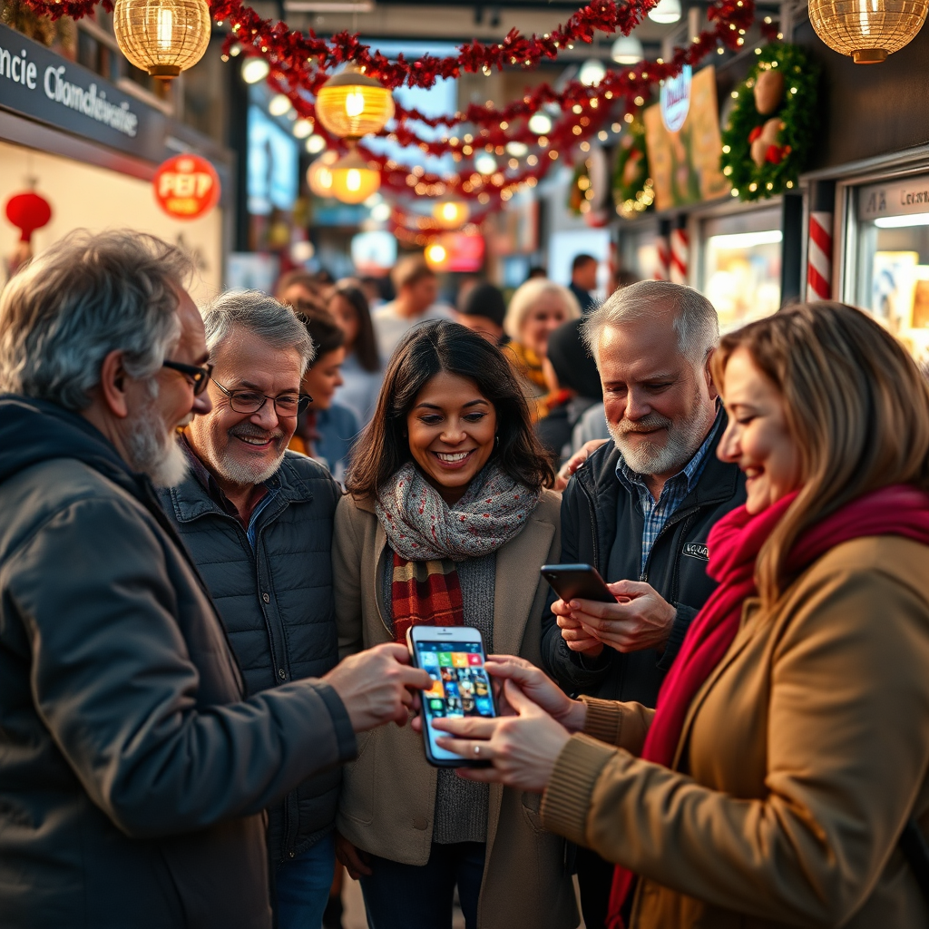 An inspiring image showing a group of local business owners celebrating with a community event, surrounded by their shops and customers interacting with the AI promo app. Bright decorations and shop displays fill the background, with everyone appearing happy and engaged. The soft lighting of early evening creates a warm feeling that invites participation and connection. The camera captures candid moments, showcasing strong community ties and vibrancy, aiming for a photorealistic standard that showcases the essence of local engagement.
