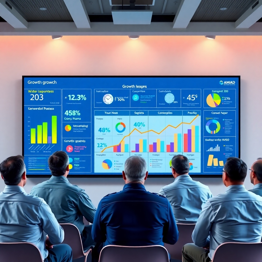 An inspiring visual of church leaders discussing growth strategies in front of a large digital board displaying growth metrics, graphics, and a vibrant plan. The optimism in the room symbolizes prospects for future expansion.