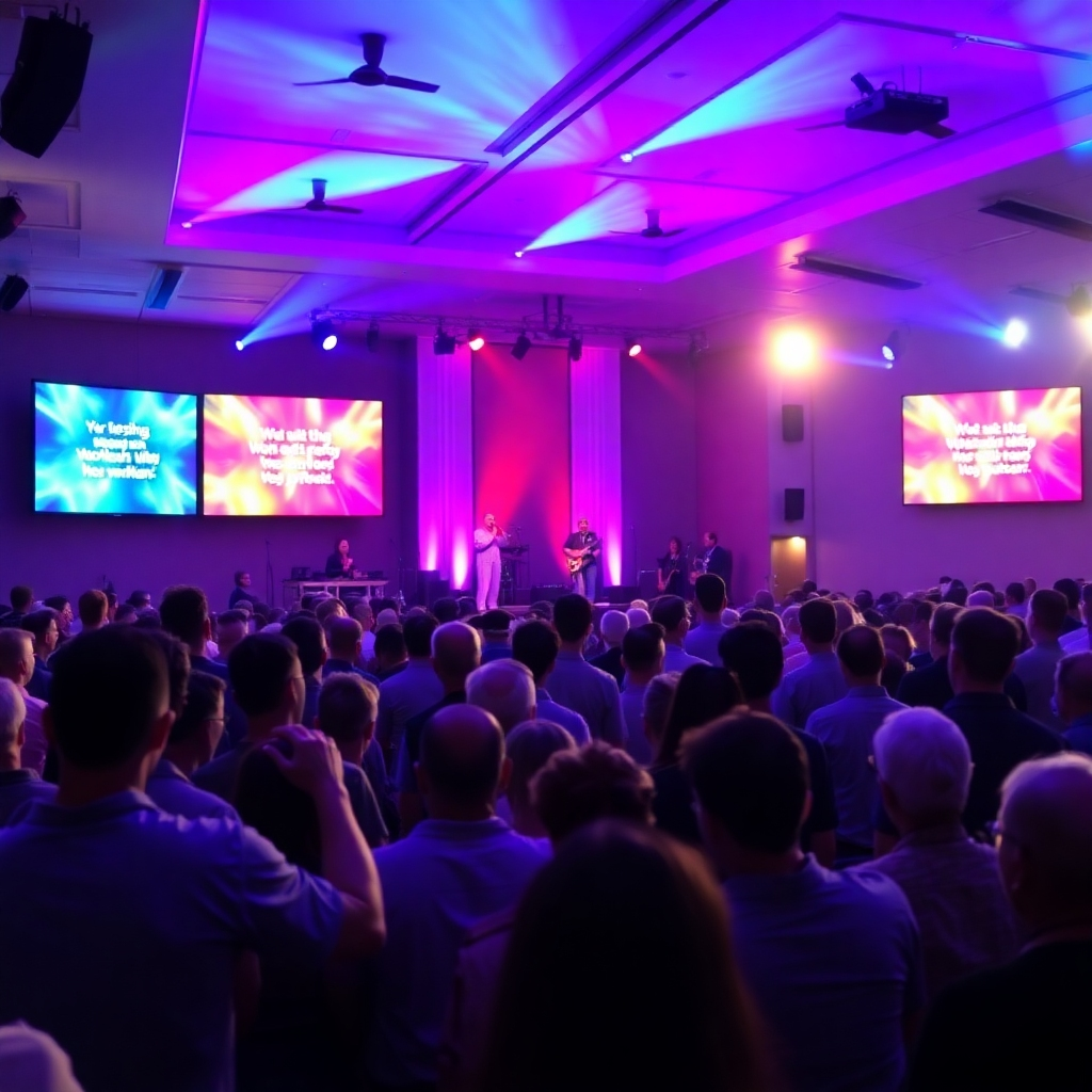 An interior shot of a vibrant church service in progress, featuring dynamic audio and visual displays. The congregation is visibly engaged, with colorful lights and screens displaying worship lyrics, highlighting how technology can create an energetic atmosphere.