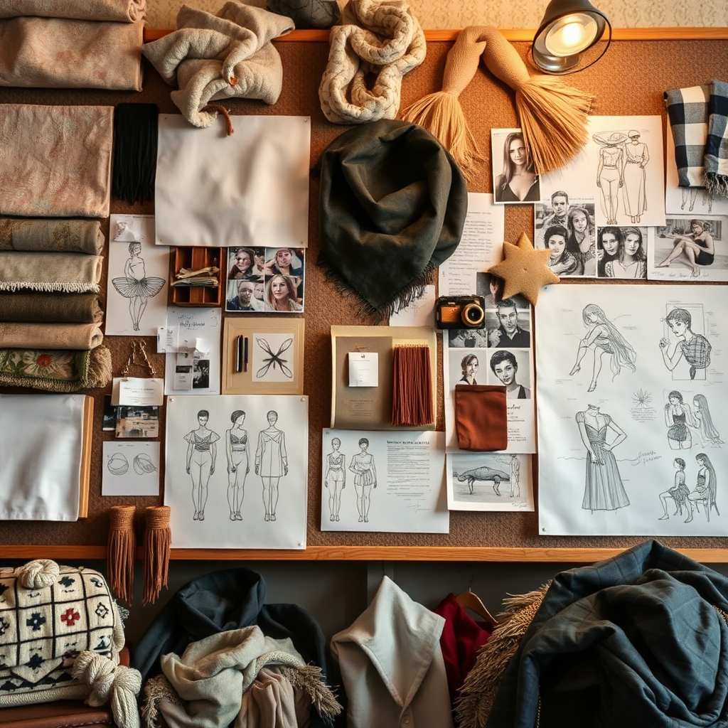An intricate image focusing on a mood board filled with fabric swatches, sketches, and inspirations that detail the process of curation. The composition captures creativity and artistry in a workspace filled with fabric textures and design elements. The lighting is soft yet inspiring, embodying the journey of styling.