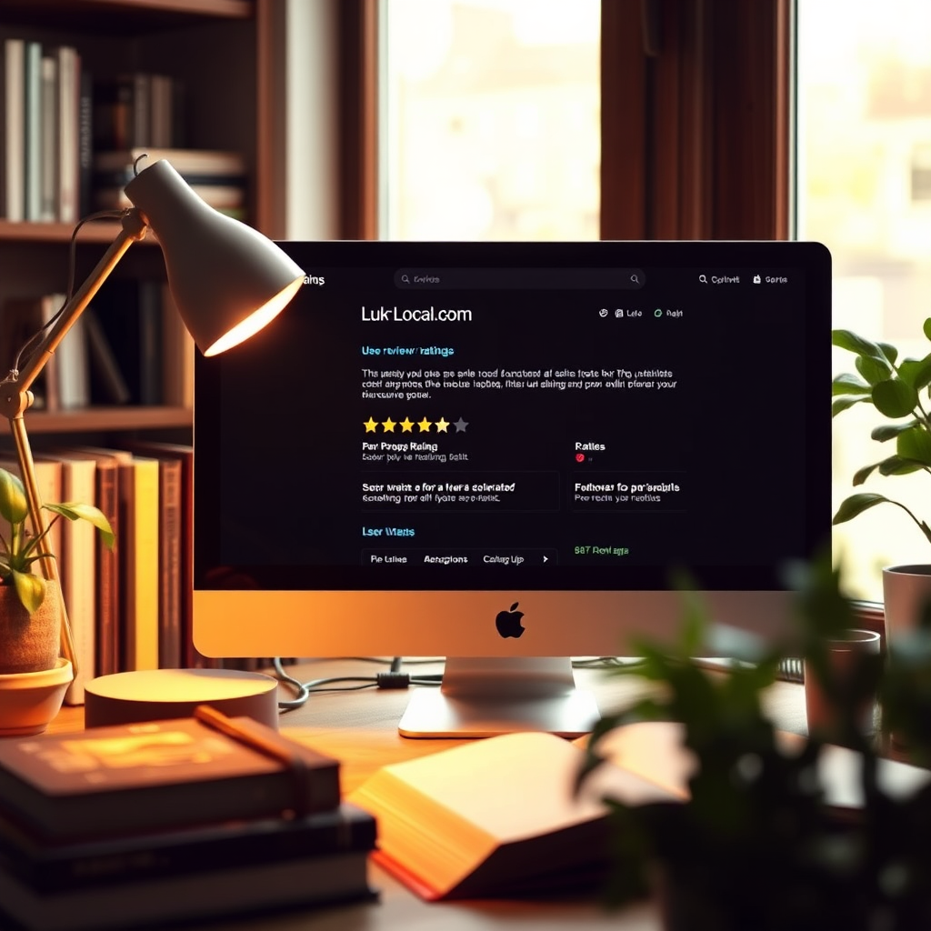 An inviting image capturing a close-up of a computer screen showcasing user reviews and ratings on Luk-Local.com. Warm light spills from a desk lamp, enhancing the inviting workspace feel. The surrounding books and plants add a touch of personal connection, symbolizing the trust cultivated in finding local recommendations.