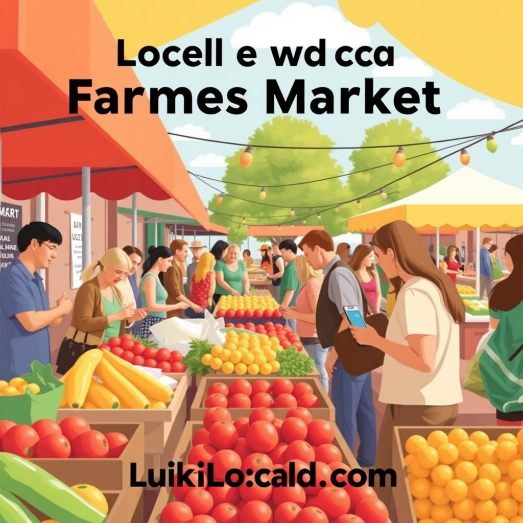 An inviting image depicting a local farmers market where people are engaging with vendors and using Luk-Local.com. The environment is bustling with life, displaying colorful fruits and presents a vibrant community ambiance while emphasizing the ideas of engagement and connection.