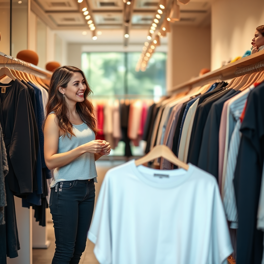 An inviting image depicting a stylist showing various clothing options to a happy client in a boutique. The setting is filled with warm lighting and beautifully arranged clothing, inviting viewers to imagine themselves being guided through a delightful shopping journey.