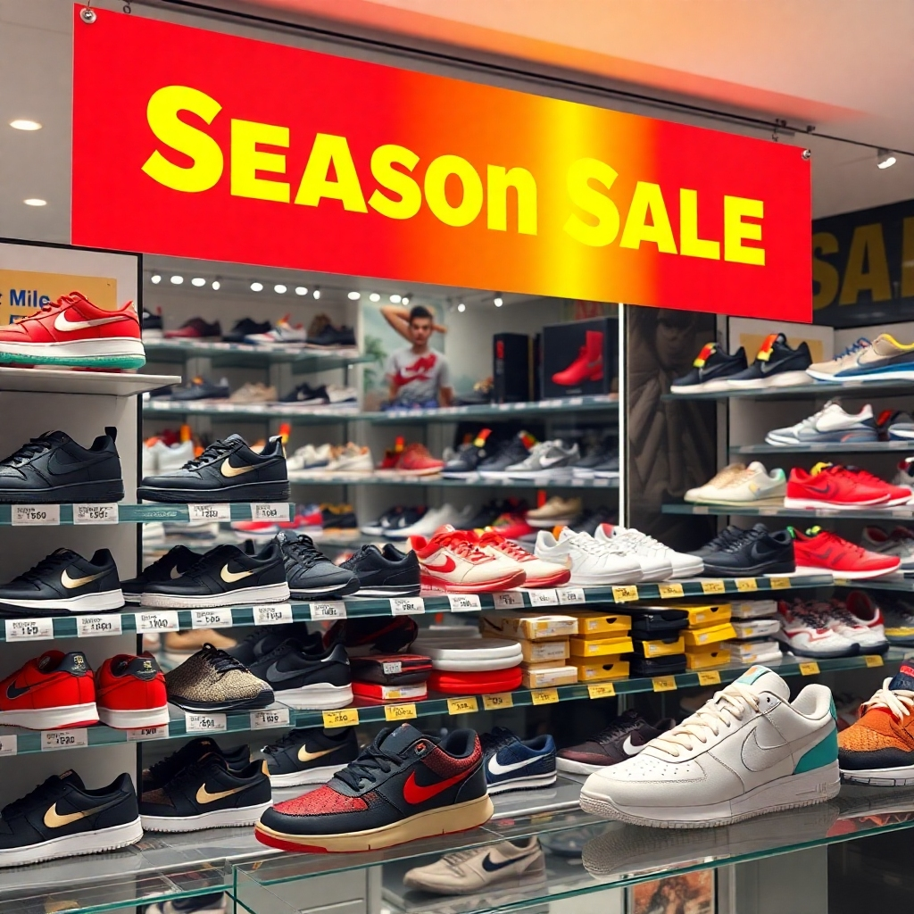 An inviting image of a shoe sale event featuring a bright, colorful banner that reads 'Seasonal Sale'. Display a variety of premium shoes stacked attractively on shelves with price tags showing discounts, set in a modern retail store atmosphere.