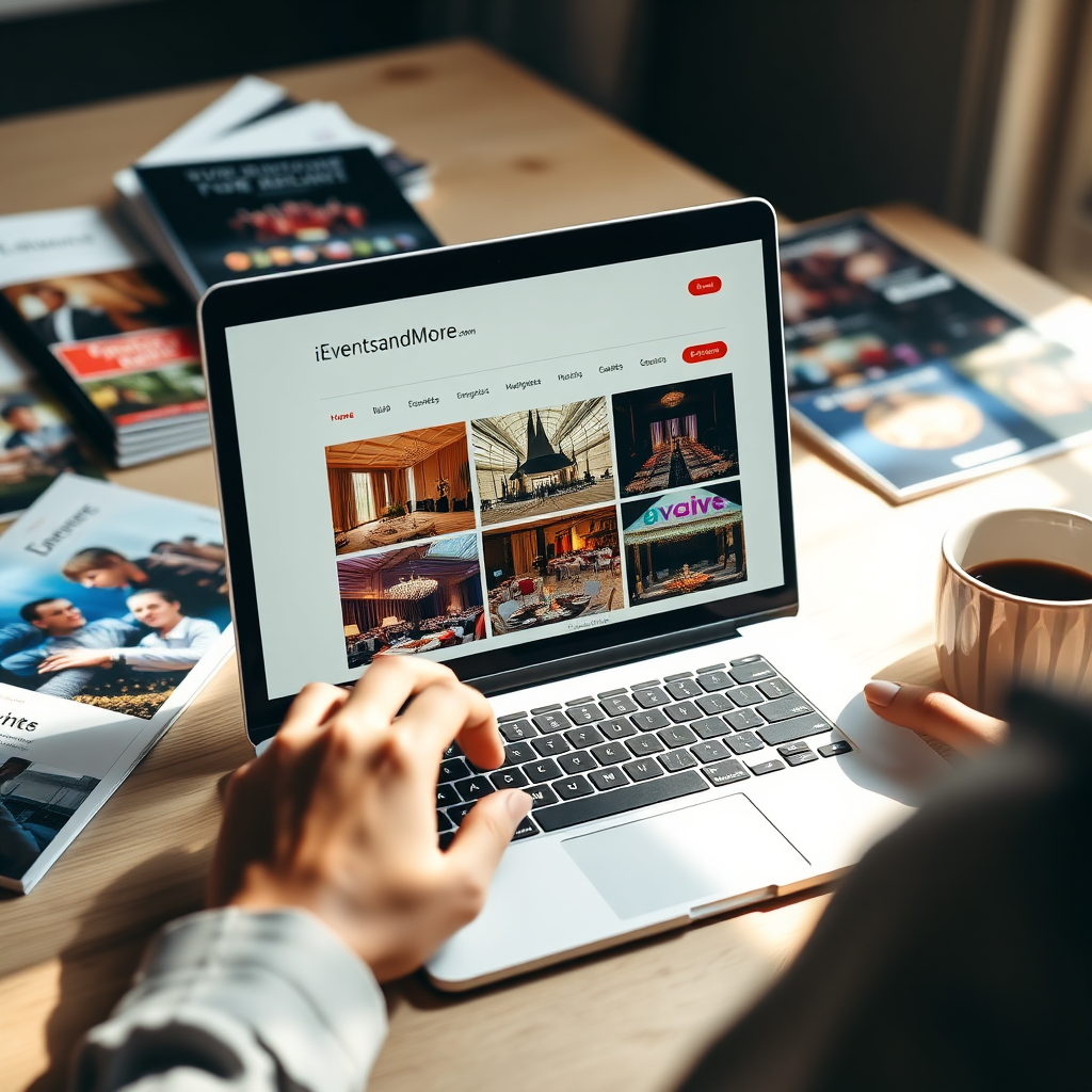 An inviting image showing a user-friendly interface of iEventsandMore.com on a laptop, surrounded by event planning materials like brochures and a coffee cup. The screen displays vibrant images of various event venues. Soft, natural lighting highlights the workspace and reflects a creative planning environment. Close-up details like fingers navigating the website enhance the digital connection. The overall atmosphere is warm and productive, encouraging users to explore the platform.