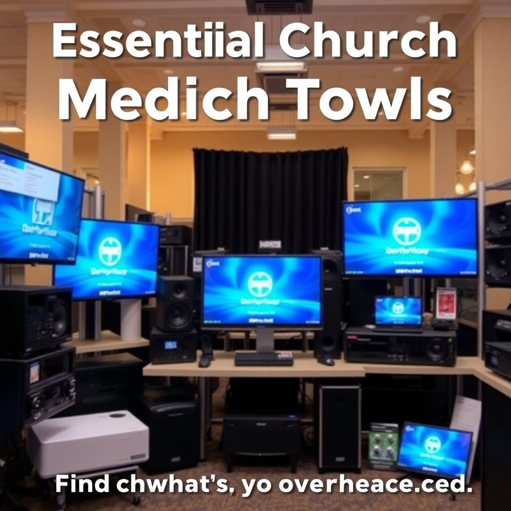 An inviting visual of various essential church media tools—projectors, sound systems, and software—displayed within a warm and welcoming marketplace ambiance. The setting encourages churches to find what they need for their ministry.