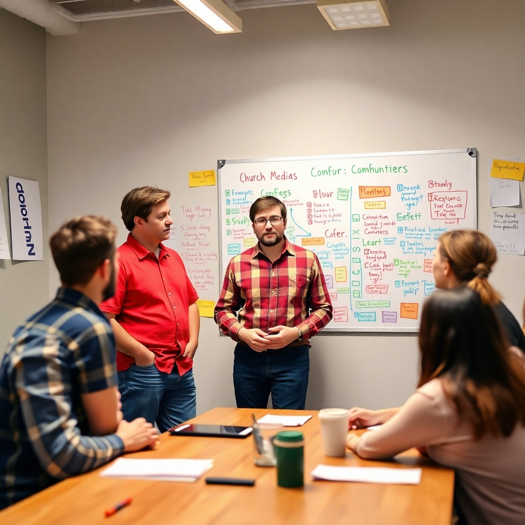 An uplifting scene depicting a mentor providing guidance to a group of church media volunteers, with a visual board filled with colorful ideas and brainstorming sessions happening around. The sense of community and motivation is palpable.