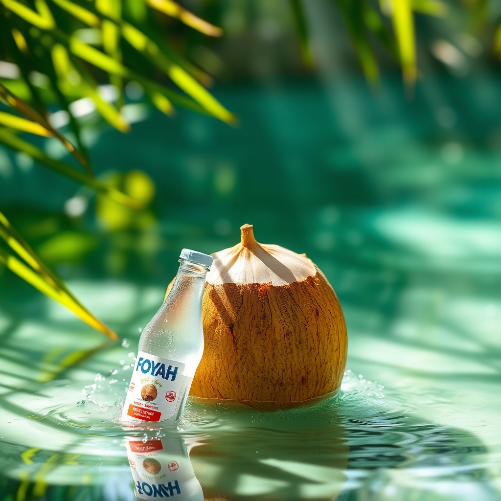 Capture a serene moment of an uncapped coconut surrounded by its water, with FOYAH™ Drink positioned alongside. The scene should reflect a summery vibe, with sunlight streaming down on the coconut. Focus on the fresh, hydrating quality of the coconut water and surrounding lush vegetation, offering a refreshing atmosphere through clarity and vibrancy in the image. Ensure high-quality details are maintained.
