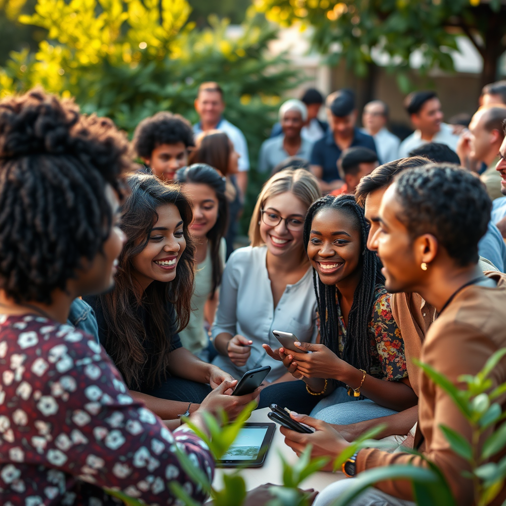 Capture a vibrant community gathering with a group of people discussing their experiences with digital assets in an outdoor setting. Use soft golden hour lighting to evoke warmth and trust, with greenery surrounding them. Focus on genuine smiles and positive interactions that emphasize connection and shared values. The camera angle should be slightly elevated to encapsulate the entire group. Tech specs: photorealistic.
