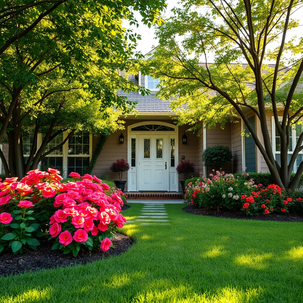 Capture a vibrant image of a beautifully landscaped home exterior, focusing on bright flowers framing the entrance, healthy trees providing shade, and a well-maintained lawn. The lighting should be soft and warm, indicative of a pleasant afternoon, to evoke warmth and welcome. The camera angle should be straight-on, inviting viewers into the scene while showcasing details like texture on the flower petals and the richness of the grass. The image's quality needs to be high, demonstrating our commitment to exceptional service.