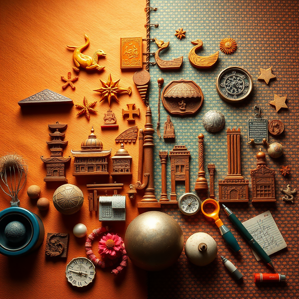 Compose an image displaying a fusion of cultural icons alongside high-tech business tools, symbolizing the integration of tradition and modernity. Use a warm, inviting color palette to express harmony. The image should showcase a close-up view of these elements, ensuring all textures are highlighted in detail.