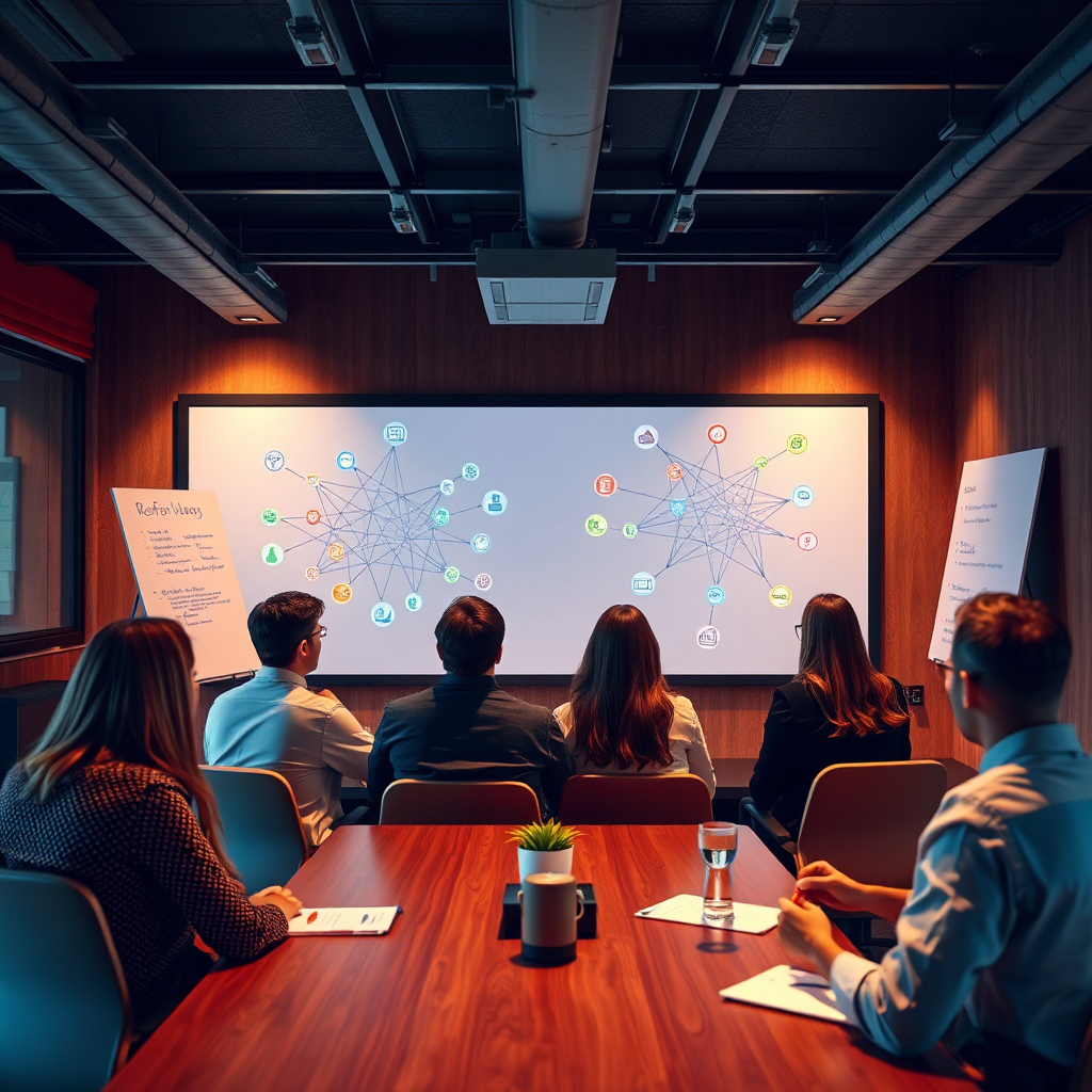 Construct an engaging scene showing a group discussion around referral strategies, with graphics representing referral networks projected in the background. Use warm ambient lighting to create an inviting atmosphere, pairing with a color palette that combines earthy tones and vibrant highlights. The texture of the meeting room should suggest creativity and collaboration, with visible ideas written on whiteboards. Technical specs: 4K resolution, high quality.