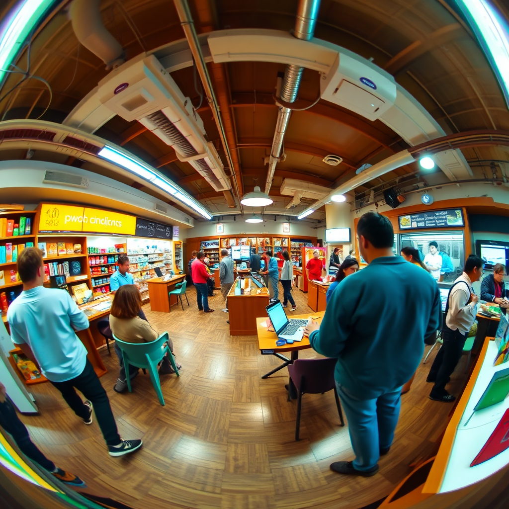 Convey a rich, interactive 360° space filled with various local services, showcasing vibrant interactions and engaging layouts. Ensure attention to detailed textures of the environment, portraying an inviting community space. Use bright lighting to accentuate dynamics and warmth.