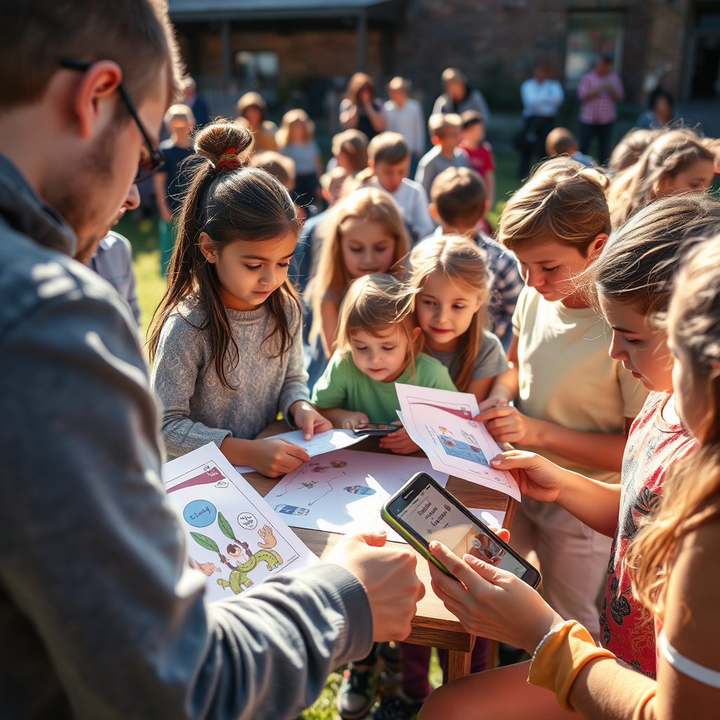 Convey an educational workshop held outdoors with people of various ages enthusiastically participating. Show detailed props like learning materials and interactive technology. The scene is bathed in warm sunlight, creating a welcoming environment. Capture textures in devices and illustrations clearly, taken from an engaging angle that emphasizes interaction among participants.