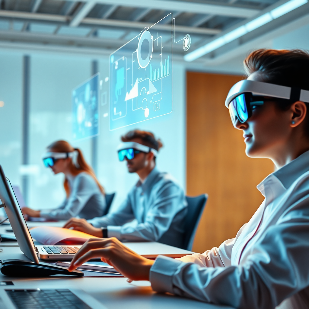 Craft a stylized image showing a futuristic workspace with employees utilizing AR smart glasses to interact with virtual elements. The scene should be bright and engaging, featuring abstract tech designs and holographic interfaces hovering above desks. The light should be bright and inviting, highlighting the innovative nature of AR-driven interaction. Composition must emphasize user experiences in an immersive environment, tailored for high-quality visual appeal.