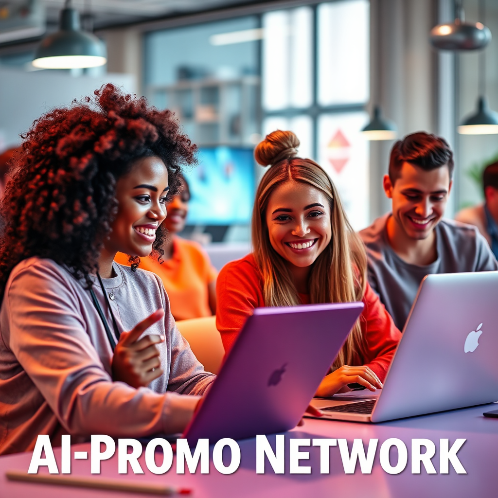 Craft a vibrant image featuring enthusiastic users engaged with AI tools linked to the Ai Promo Network. Showcase diverse individuals using laptops and tablets, embodying accessibility and innovation. Bright, inviting colors should fill the scene, symbolizing potential and opportunity. The composition should be dynamic, zooming in on interfaces displaying the card's benefits, set in a contemporary workspace environment, designed in photorealistic style.