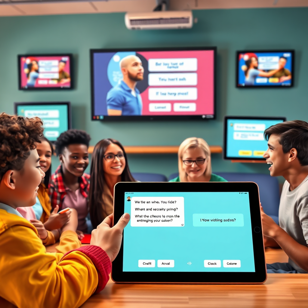 Craft an image showcasing a user interacting with an interactive interface featuring quizzes and prompts derived from educational videos. The scene should highlight an active learning environment with tablets and screens displaying engaging quizzes. A diverse group of learners should show various reactions of curiosity and excitement. The color palette should be inviting and stimulating, promoting a sense of engagement in learning.